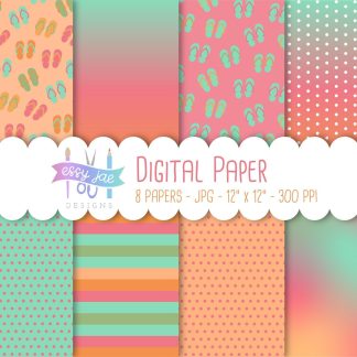 8 Digital Paper Designs with Summer Theme - 12 x 12, 300 PPI: Flip Flops, Polka Dots, Stripes, Ombre for Summer Party Invitations, Scrapbooking & Crafts