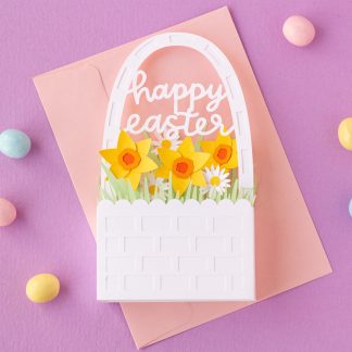 3D Easter Basket Box Card with Daffodils and Daisies (Folds Flat) SVG Cut File